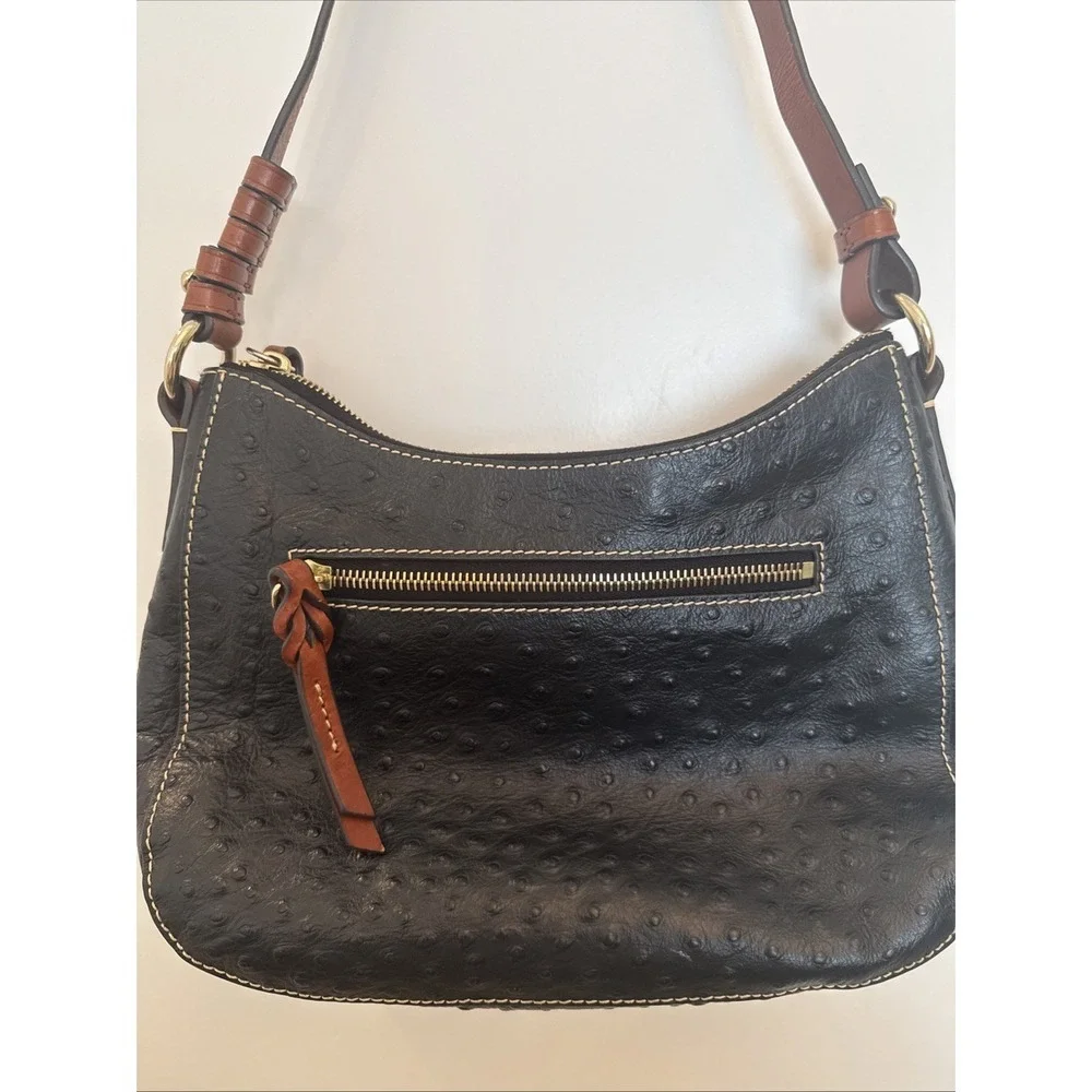 Dooney & Bourke Black Ostrich Embossed Leather Hobo Shoulder Bag Red Lining